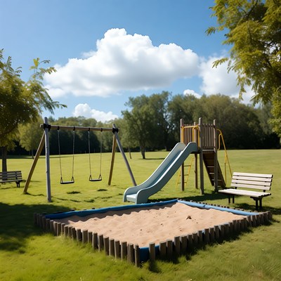 Children's playground with swings slide sandbox