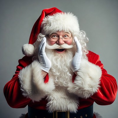 Excited Santa Claus laughing with hands on cheeks
