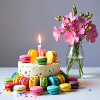 Birthday Cake with Macarons and Flowers