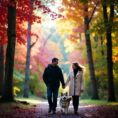 Couple walking dog in autumn forest