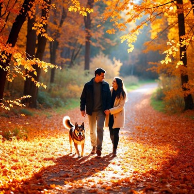 Couple walking dog in autumn forest