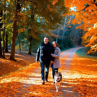 Couple walking dog in autumn forest