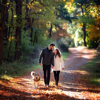 Couple walking dog autumn forest path