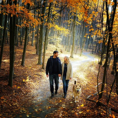 Couple walking dog in autumn forest