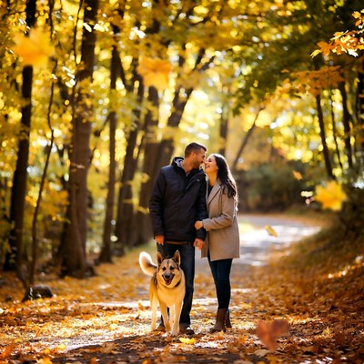 Couple walking German Shepherd autumn forest