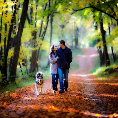 Couple walking dog in autumn forest
