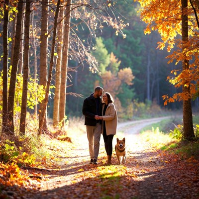 Couple walking dog in autumn forest