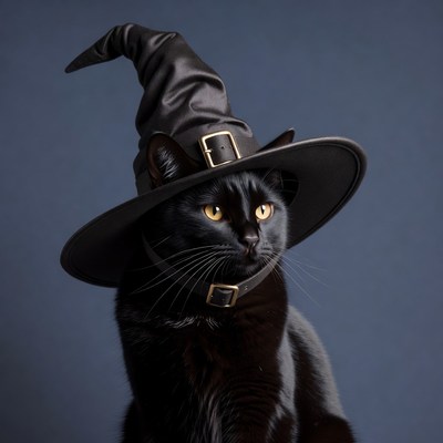 Black cat wearing witch hat
