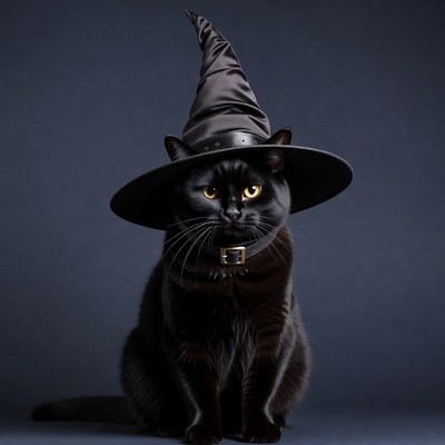 Black cat wearing witch hat