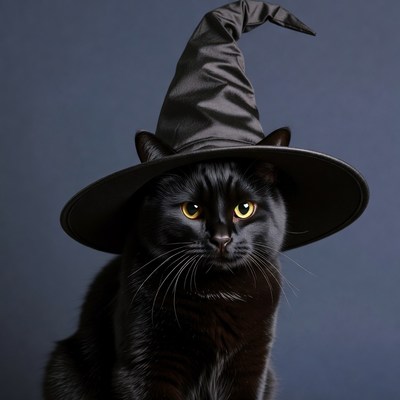 Black cat wearing witch hat
