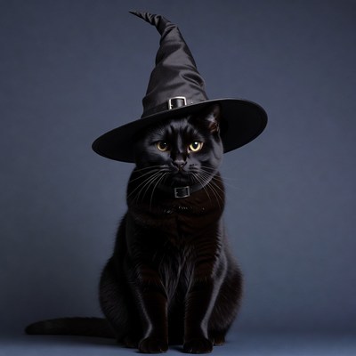 Black cat wearing witch hat