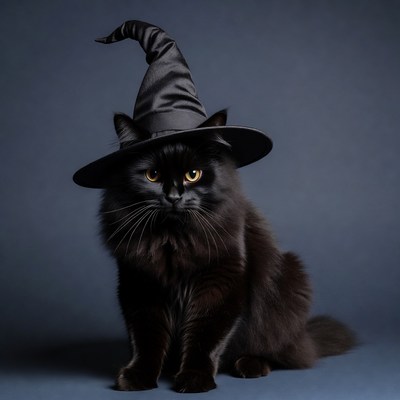 Black cat wearing witch hat