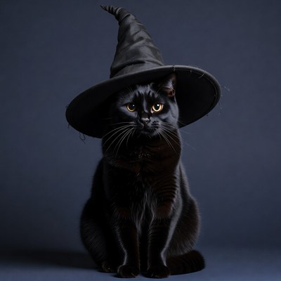 Black cat wearing witch hat