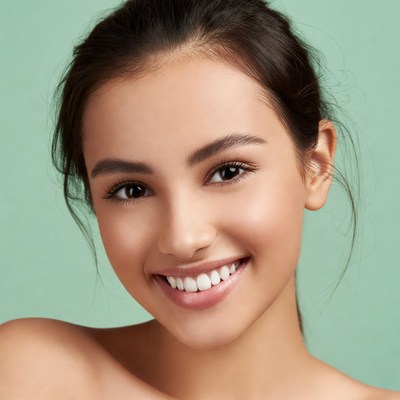 Smiling Asian woman on green background