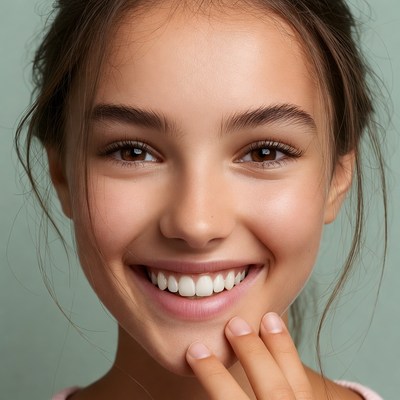 Smiling young woman with hand near mouth