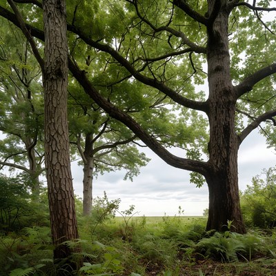 Tall trees in lush green forest
