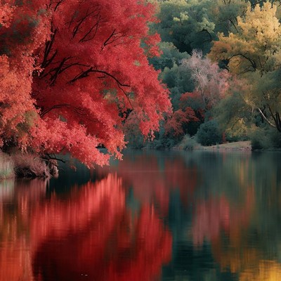 Red Autumn Trees Reflecting in Lake