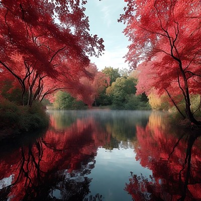 Red Autumn Trees Framing Calm Lake