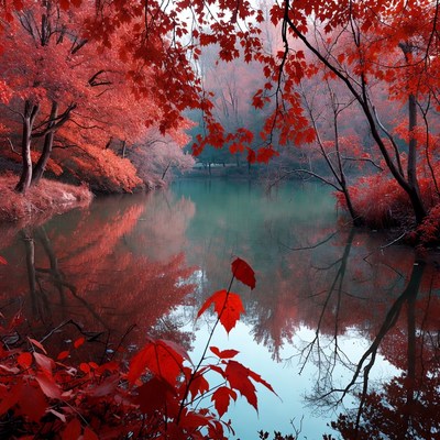Red Autumn Trees Reflecting in Lake