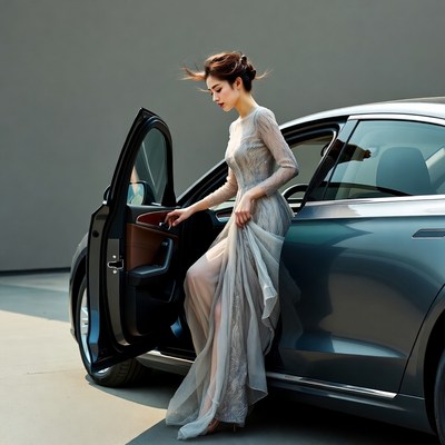 Asian woman in gown exiting luxury car