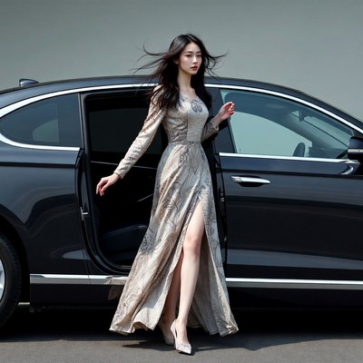 Asian woman exiting black luxury car