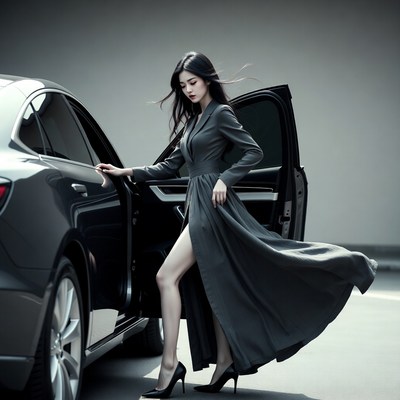Asian woman stepping out of black car
