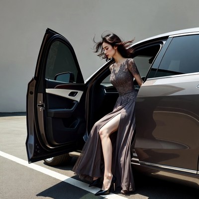 Asian woman stepping out of luxury car