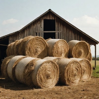 Hay Bales in Front of Barn