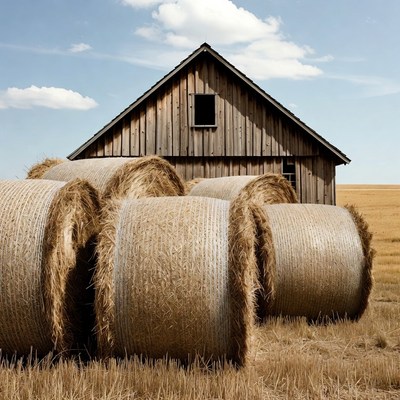 Hay bales in front of wooden barn