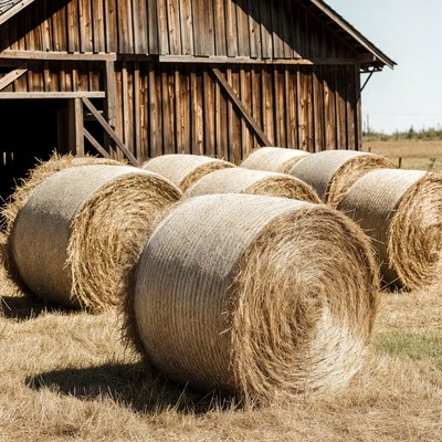 Hay Bales by Wooden Barn