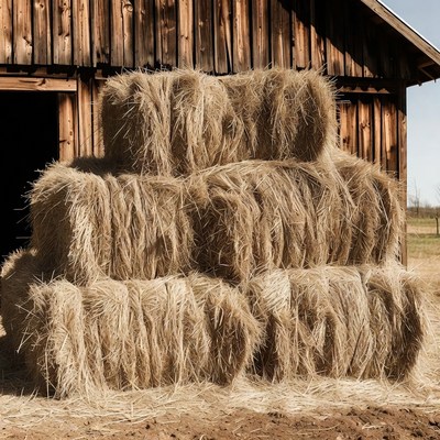 Hay bales stacked against barn