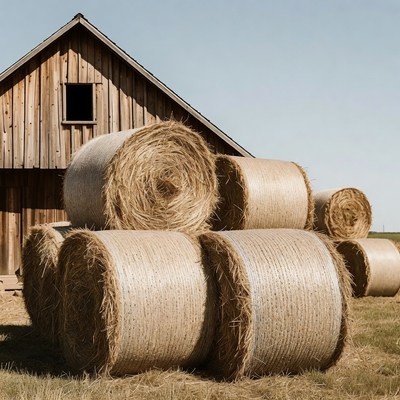 Hay Bales in Front of Wooden Barn