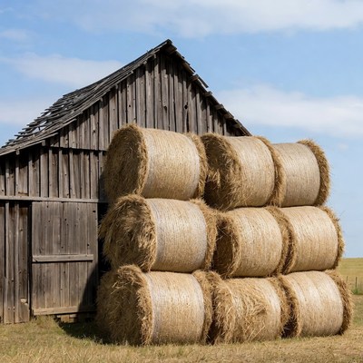 Hay bales stacked beside barn