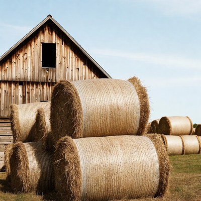 Hay bales in front of barn