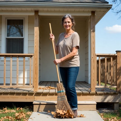 Woman sweeping leaves on porch