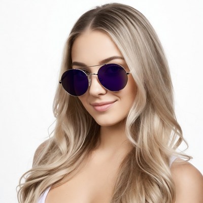 Blonde woman wearing purple sunglasses