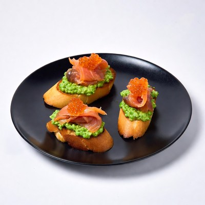 Salmon Bruschetta with Pea Puree and Roe