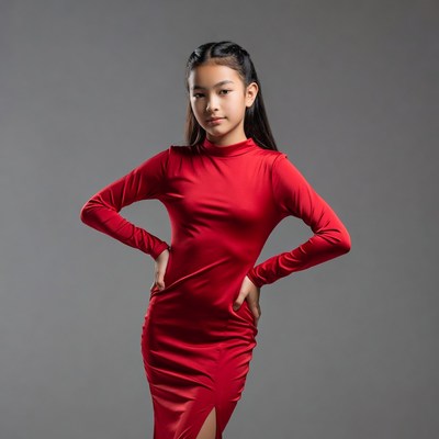 Asian girl in red dress posing