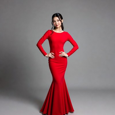 Asian woman in red mermaid dress