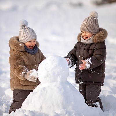 Two toddlers building snowman