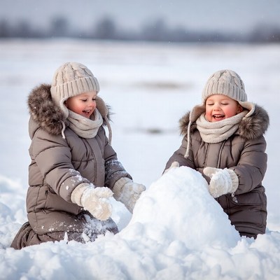 Twin girls building snowman