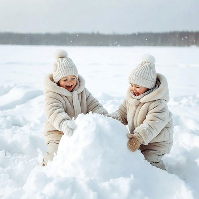 Twin toddlers building snowman