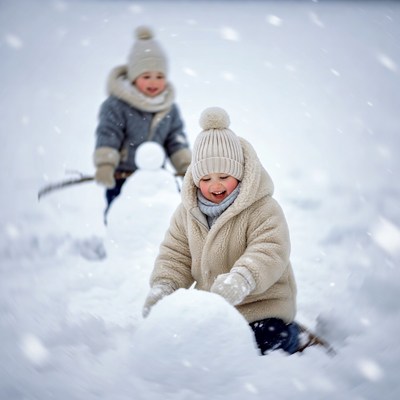 Two toddlers building snowman in snow