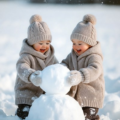 Twin toddlers building snowman