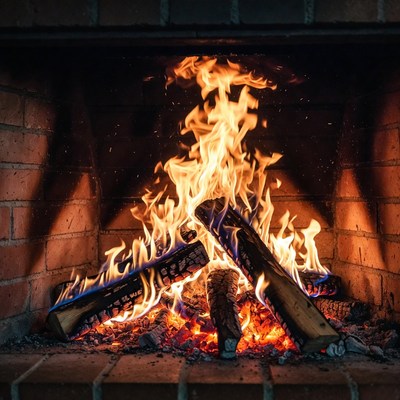 Blazing Fire in Brick Fireplace