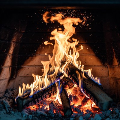 Burning Fire in Brick Fireplace