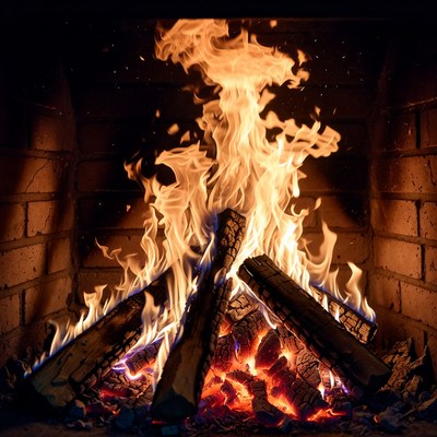 Burning Fire in Brick Fireplace