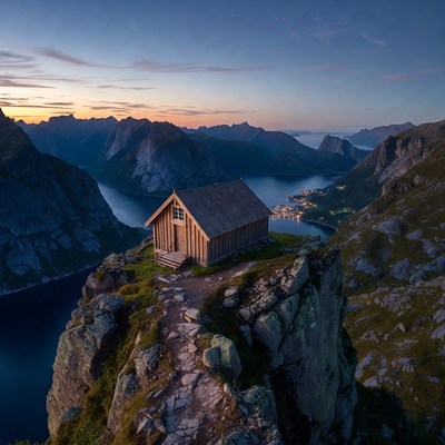 Wooden Cabin on Cliff Overlooking Fjords