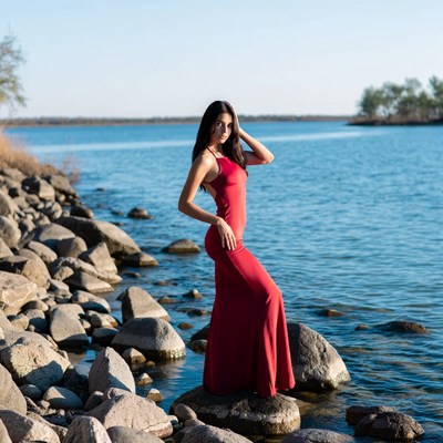 Woman in red dress by lake