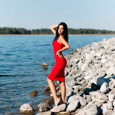 Woman in red dress by lake